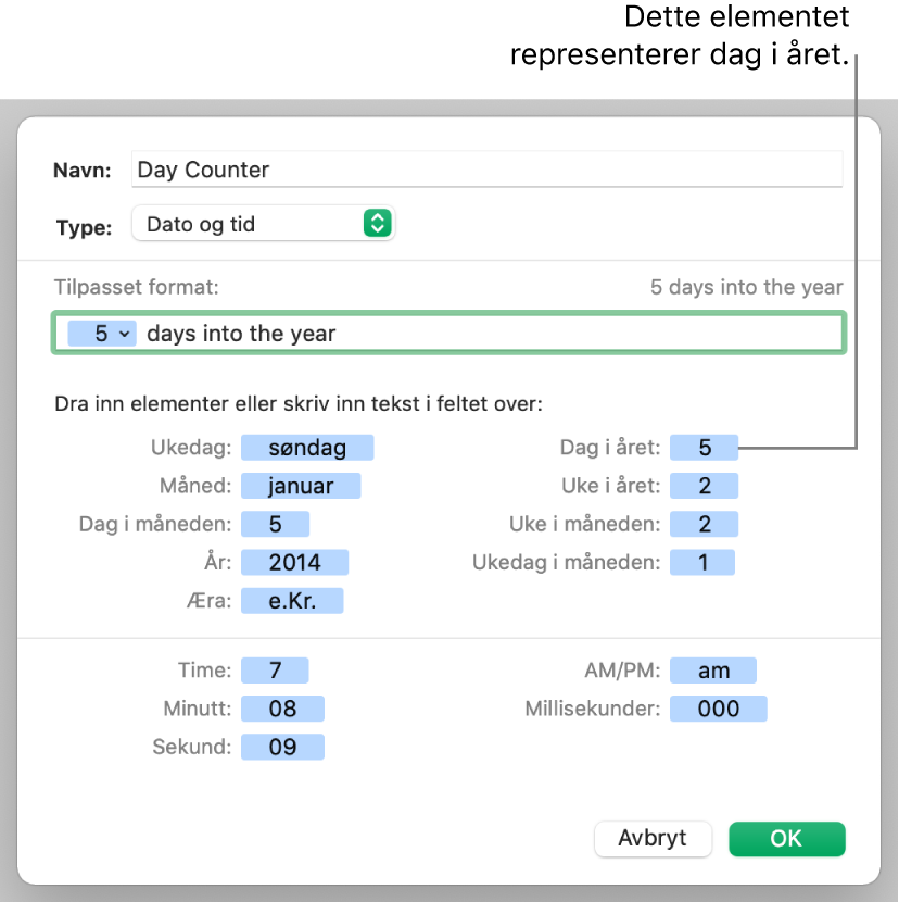 Tilpasset dato- og tidscelleformat.