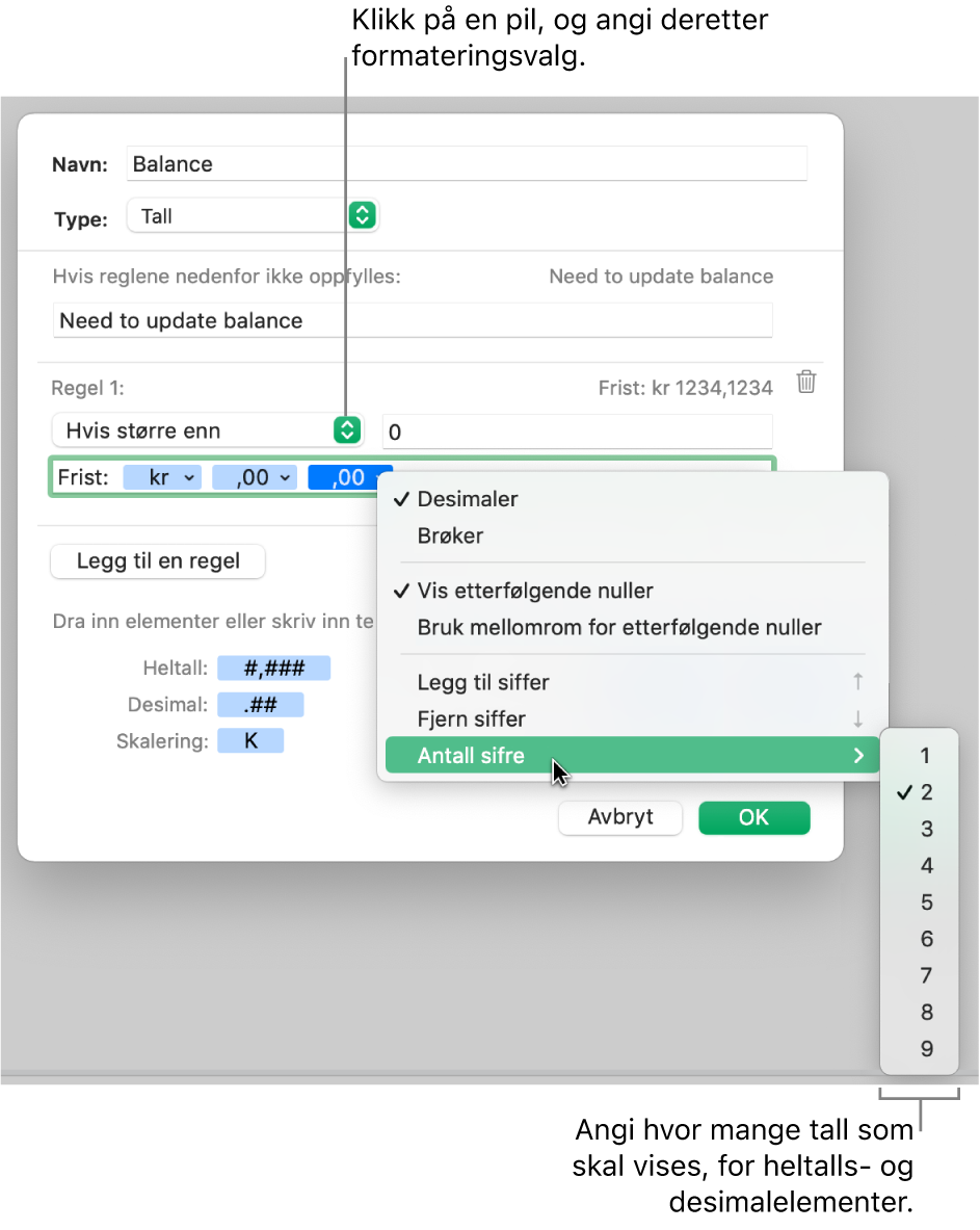 Tilpasset celleformat-vinduet, med kontroller for å velge tilpassede formateringsalternativer.