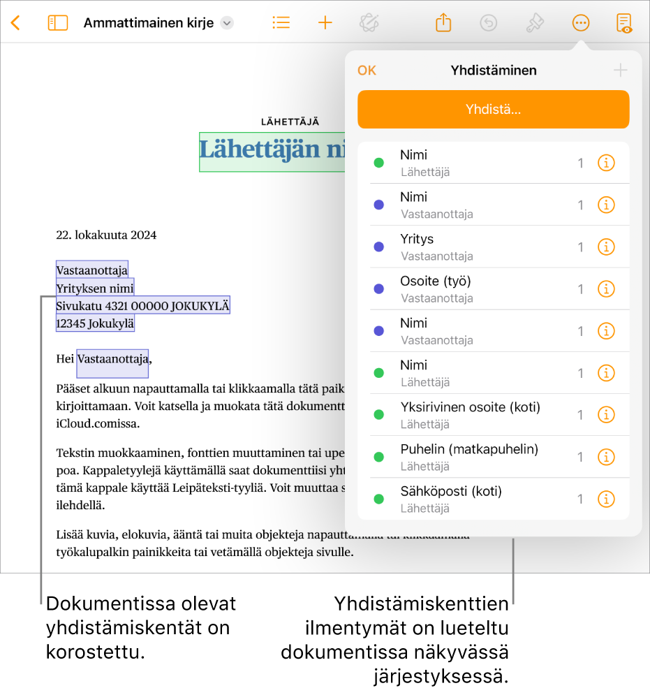 Pages-dokumentti, jossa on vastaanottaja- ja lähettäjäkentät sekä yhdistämiskentän ilmentymäluettelo näkyvillä Dokumentti-sivupalkissa.