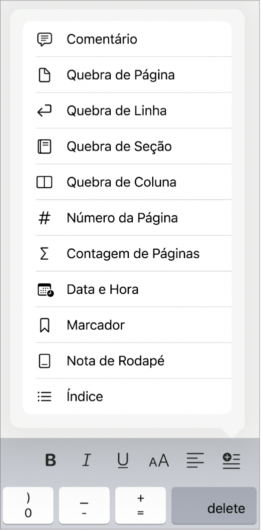 Barra de atalhos com os controles de Inserir abertos acima do botão Inserir.