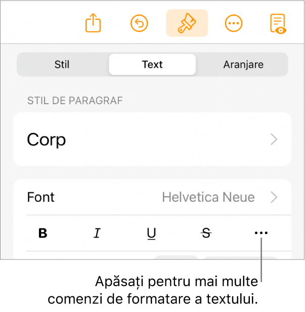 Fila Text a comenzilor Format, cu o explicație pentru butonul Alte opțiuni de text.