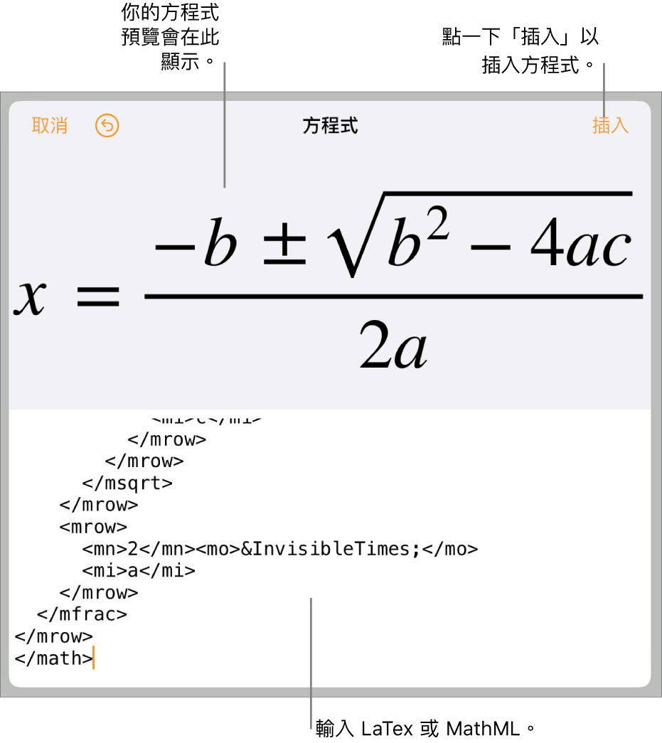 「方程式」對話框，顯示使用 MathML 指令寫入的方程式，上方是公式的預覽。