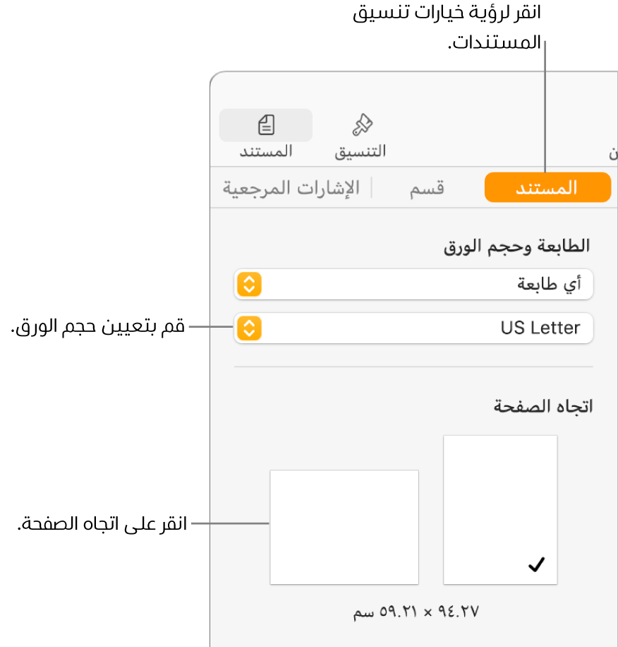 الشريط الجانبي المستند وتظهر علامة التبويب المستند في أعلى الشريط الجانبي محددة. توجد في الشريط الجانبي قائمة منبثقة لتعيين حجم الورق وأزرار لاتجاه الصفحة الرأسي والأفقي.