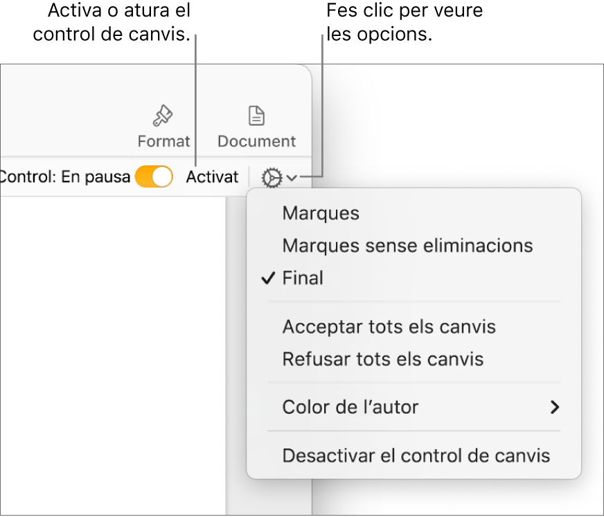 El menú d’opcions del control de canvis, que mostra l’opció “Desactiva el control de canvis” a la part inferior i les llegendes de l’opció “Control de canvis activat” i del botó “En pausa”.