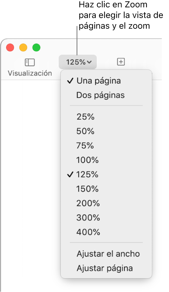 El menú desplegable Zoom con opciones para ver una y dos páginas en la parte superior, porcentajes que van del 25% al 400% debajo, y las opciones Ajustar ancho y Ajustar página en la parte inferior.