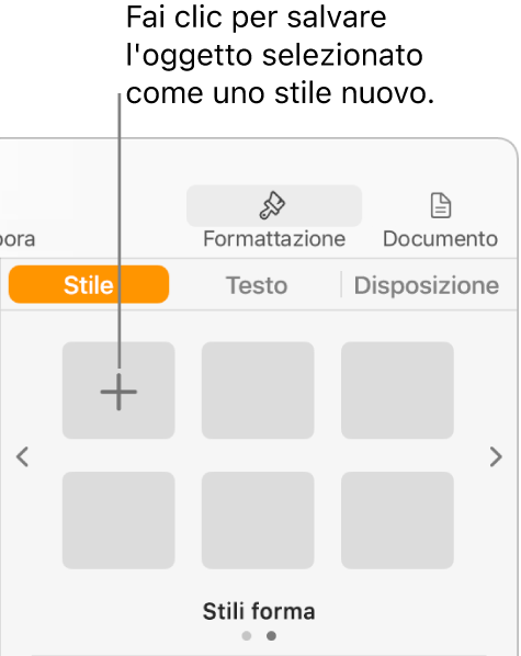 Pannello Stile della barra laterale Formato con il pulsante “Crea stile” nell’angolo superiore sinistro e cinque segnaposto di stile vuoti.