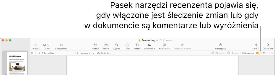 Pasek narzędzi Pages z włączonym śledzeniem zmian oraz wyświetlonym poniżej paskiem narzędzi recenzenta.