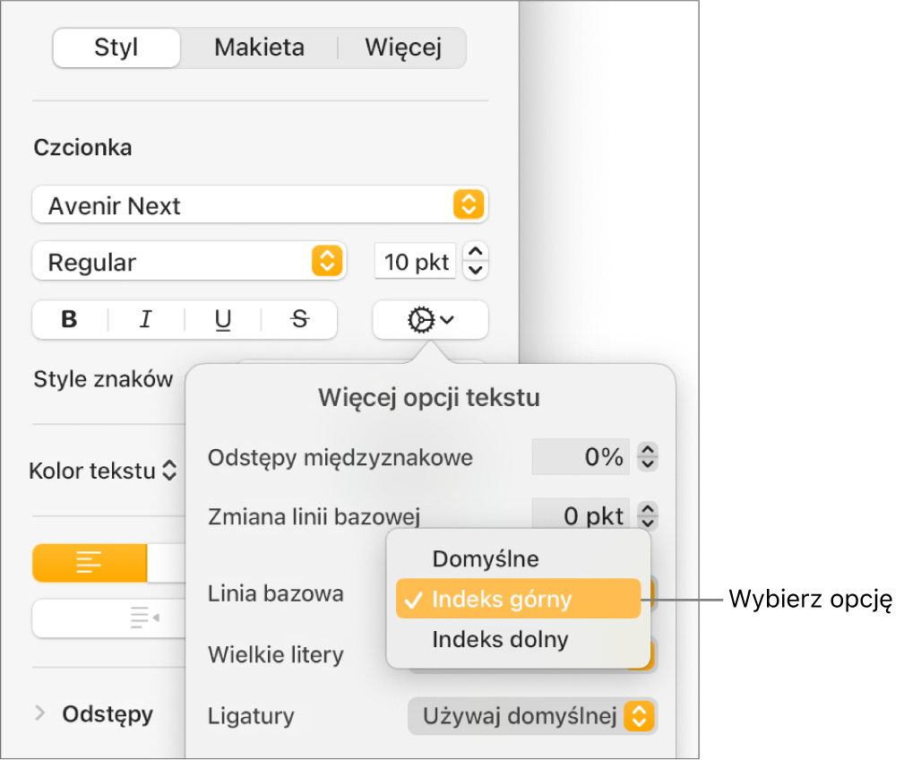 Menu Opcje zaawansowane z rozwiniętym menu podręcznym Linia bazowa, które wyświetla pozycje menu Domyślne, Indeks górny oraz Indeks dolny.