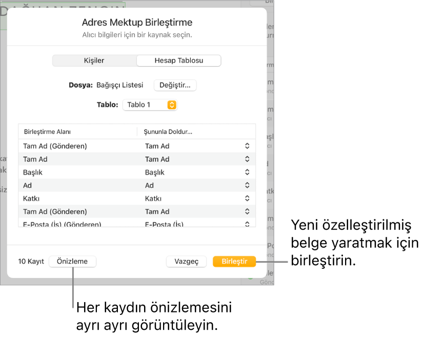 Kaynak dosyayı veya tabloyu değiştirme, birleştirme alanı adlarını veya ayrı kayıtları önizleme veya belgeyi birleştirme seçenekleri ile Adres Mektup Birleştirme bölümü açık.