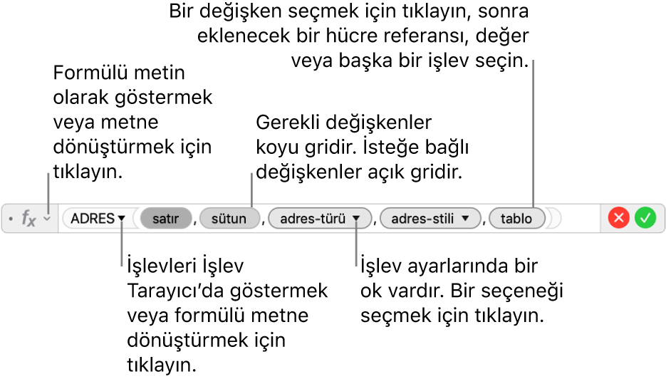 ADDRESS işlevini ve bağımsız değişken göstergelerini gösteren Formül Düzenleyici.