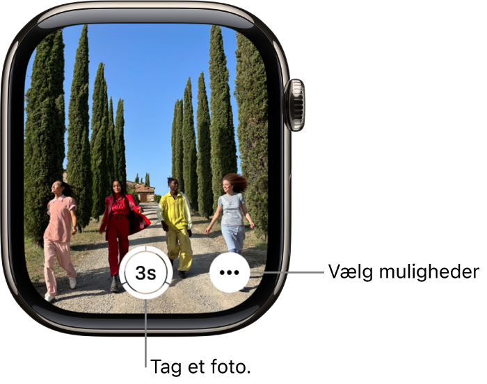 Skærmen på Apple Watch, der viser billedet fra iPhone-kameraet. Lukkerknappen er nederst i midten. Knappen Flere indstillinger er nederst til højre.