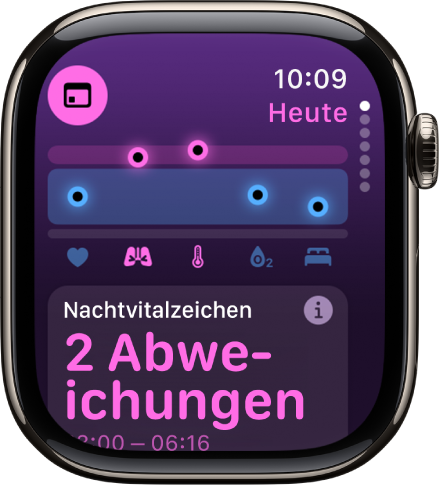 Ein Bildschirm in der App „Vitalzeichen“ zeigt die nächtlichen Gesundheitsmesswerte.