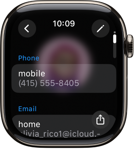 The Contacts app showing contact details. The Edit button appears at the top right. Three fields appear in the middle of the screen—phone number, email address, and home address. A Share button is at the bottom right and a Back button is at the top left.