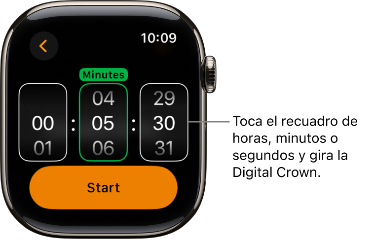 Configuración para crear un temporizador personalizado, con las horas en la izquierda, los minutos en el centro y los segundos en la derecha. Debajo está el botón Iniciar.