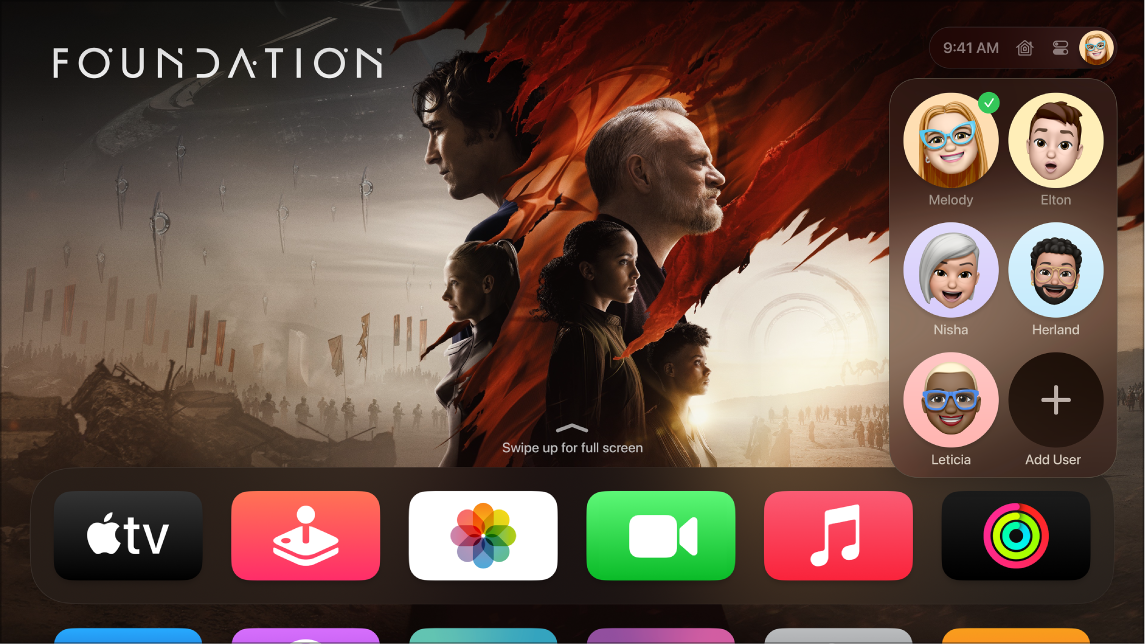 Apple TV ekrānā redzama Control Center profilu cilne.