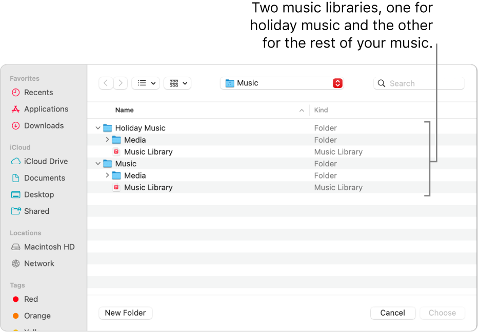 The Finder window showing multiple libraries—one for holiday music and the other for the rest of your music.