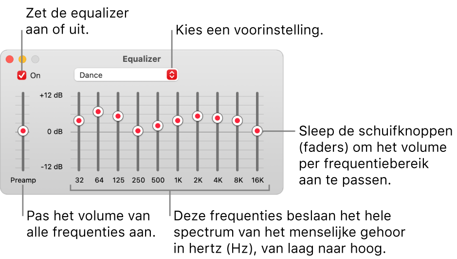 Het venster 'Equalizer': Het aankruisvak waarmee je de Muziek-equalizer inschakelt, bevindt zich linksbovenin. Ernaast zie je het pop‑upmenu met de voorinstellingen van de equalizer. Helemaal links pas je het algemene volume van frequenties aan met de voorversterker. Onder de voorinstellingen van de equalizer pas je het geluidsniveau per frequentiebereik aan. Elk bereik vertegenwoordigt een bepaald gedeelte van het menselijk gehoor, van laag naar hoog.