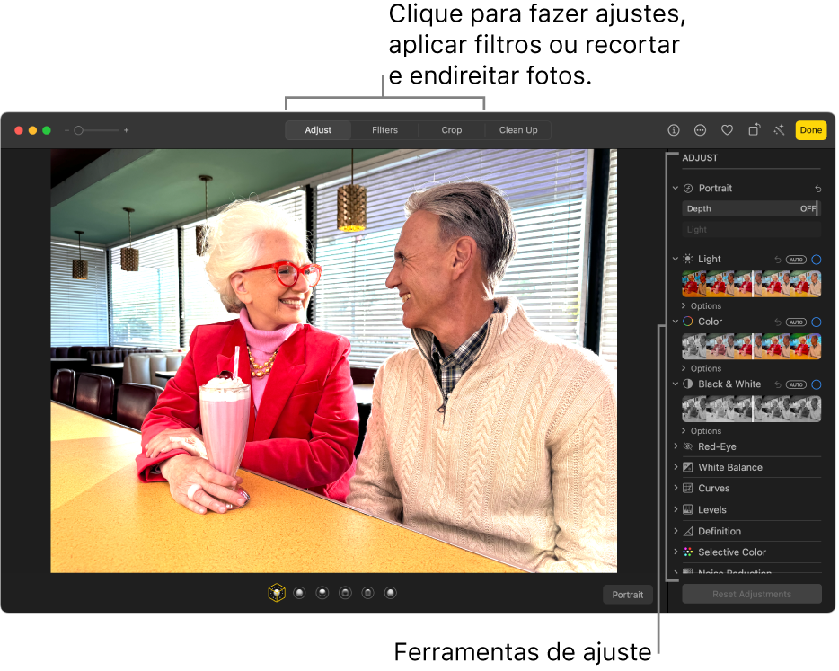 Uma foto na visualização de edição, com a opção Ajustar selecionada na barra de ferramentas e as ferramentas de ajuste à direita.