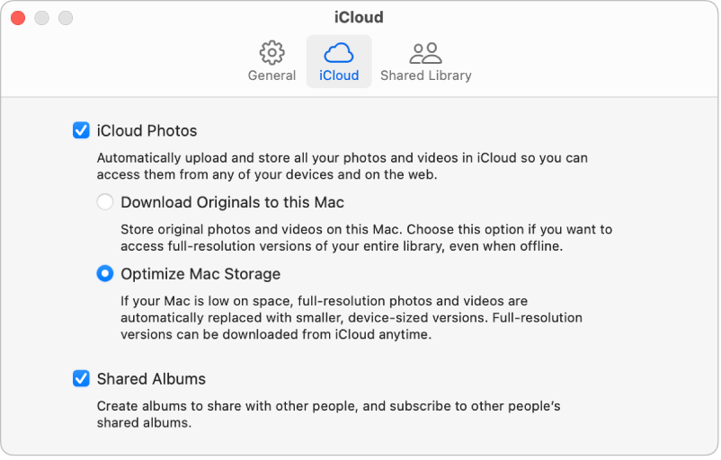 Podokno iCloud v nastavitvah aplikacije Fotografije.