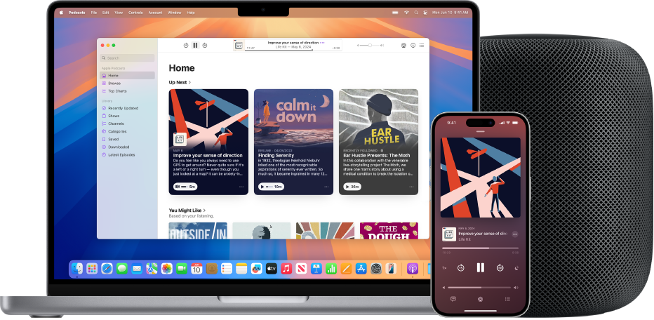 App Apple Podcasts di Mac dan iPhone, dengan HomePod di latar belakang.