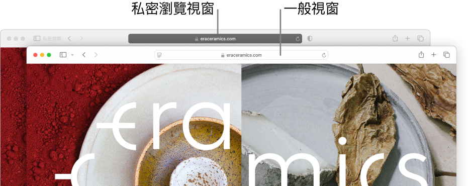 顯示深色「智慧型搜尋」欄位的私人 Safari 視窗和顯示淺色「智慧型搜尋」欄位的普通 Safari 視窗。