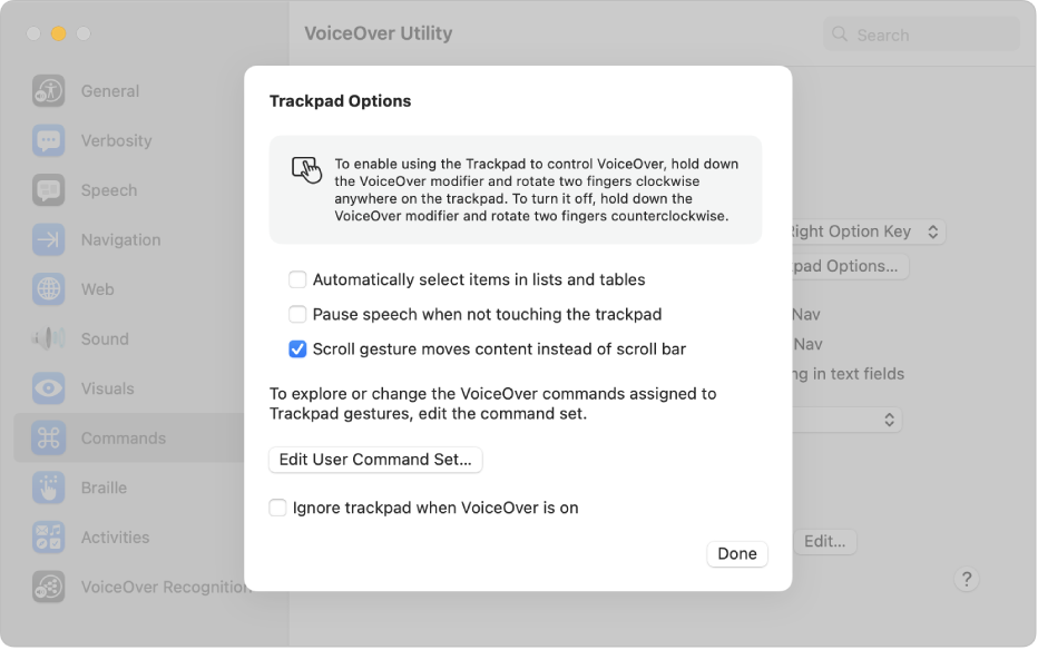 En un quadre de diàleg de la Utilitat VoiceOver es mostren opcions per utilitzar el trackpad per controlar el VoiceOver.