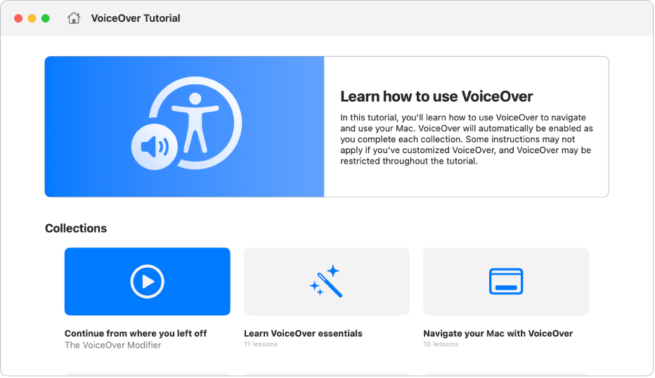 Il tutorial interattivo di VoiceOver con informazioni sull’utilizzo di VoiceOver.