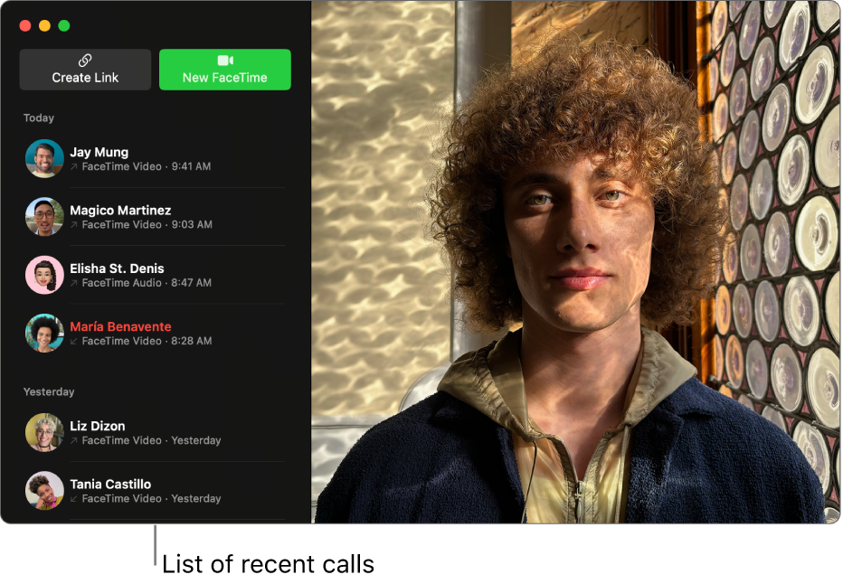 A FaceTime window showing the list of recent callers on the left.