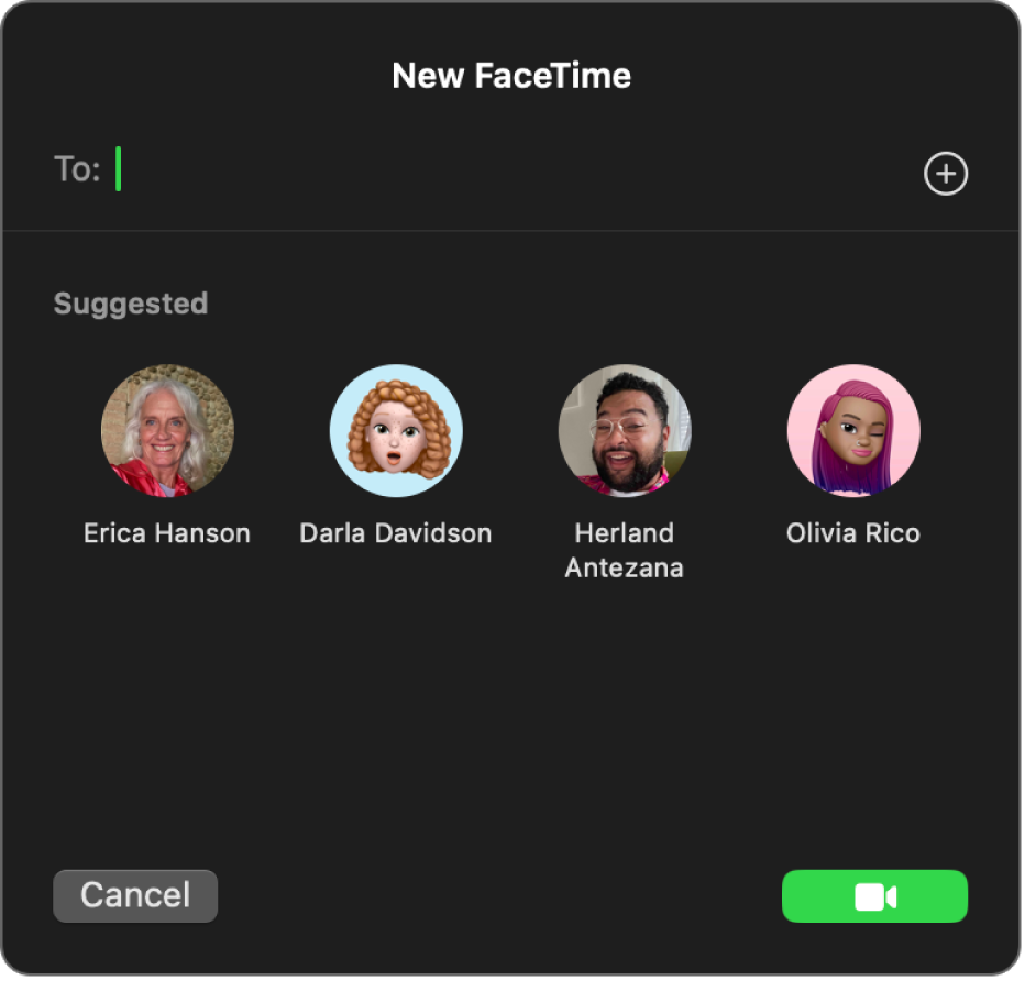 Yeni FaceTime penceresinde, arayanları doğrudan Kime alanına girin veya Önerilen’den seçin.