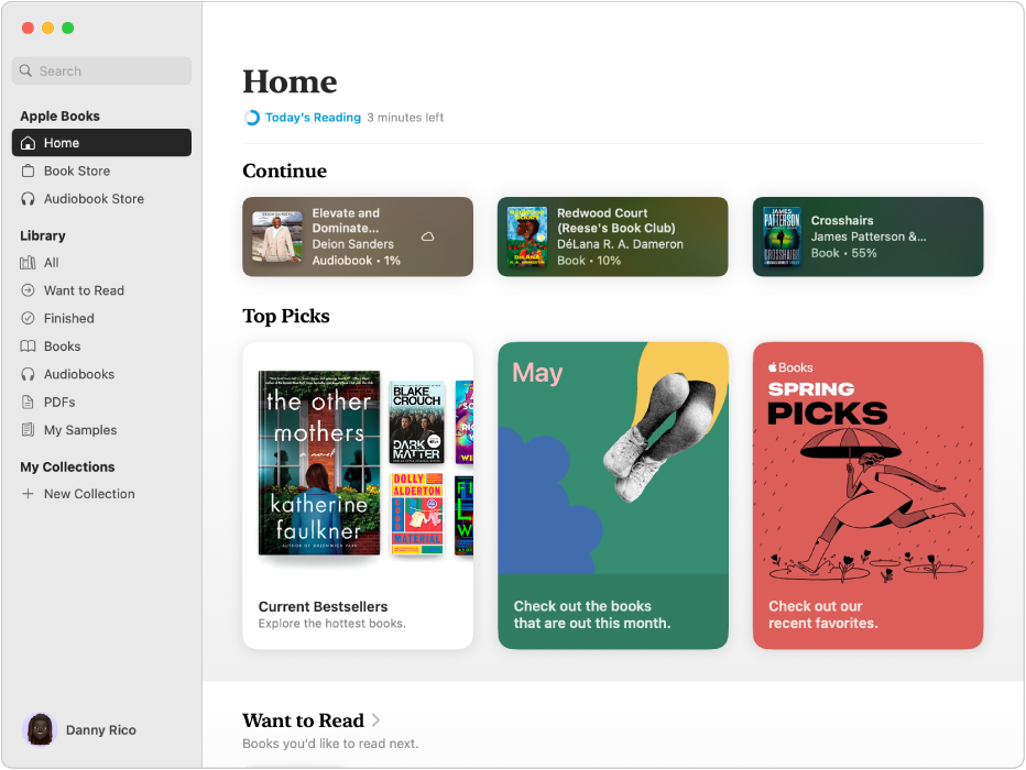 A Books app window showing the Home tab selected in the sidebar, and the Continue and Top Picks sections to the right.