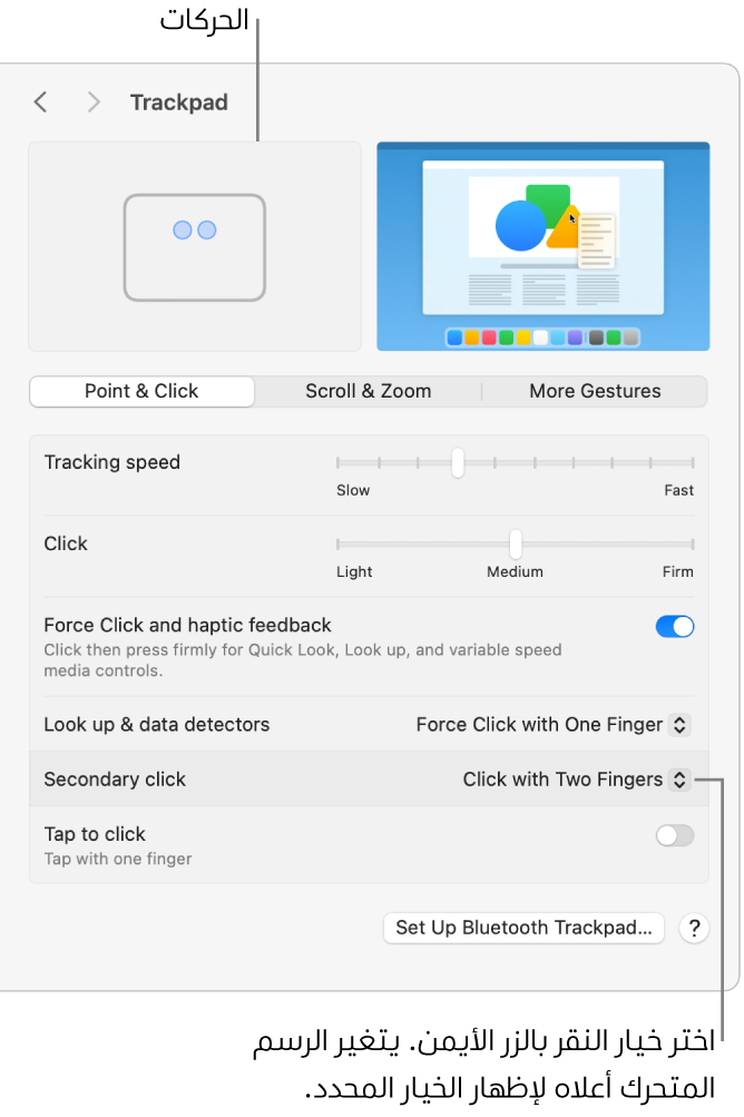 خيارات لوحة التعقب في إعدادات النظام، ويظهر بها خيار النقر الثانوي المعيَّن على "إصبعان" والحركة المقابلة.