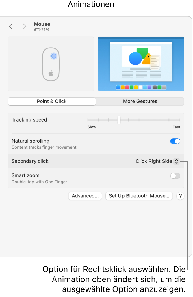Die Optionen für die Maus in den Systemeinstellungen zeigen, dass die Option „Sekundärklick“ auf „Rechts klicken“ eingestellt ist, und die entsprechende Animation wird angezeigt.