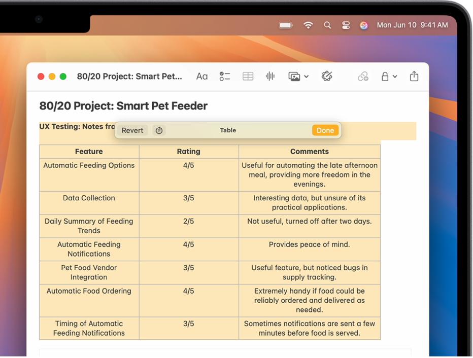 Une fenêtre de l’app Notes sur Mac affichant du texte sélectionné. Les outils d’écriture ont été utilisés pour réorganiser la note sous forme de tableau. Les options Rétablir et « Afficher l’original » apparaissent dans le menu Outils d’écriture.