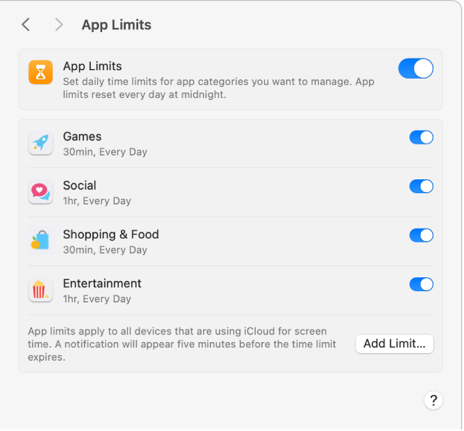 Réglages « Limites d’app » dans « Temps d’écran » avec « Limites d’app » activé. Des limites de temps sont configurées pour quatre catégories d’apps.