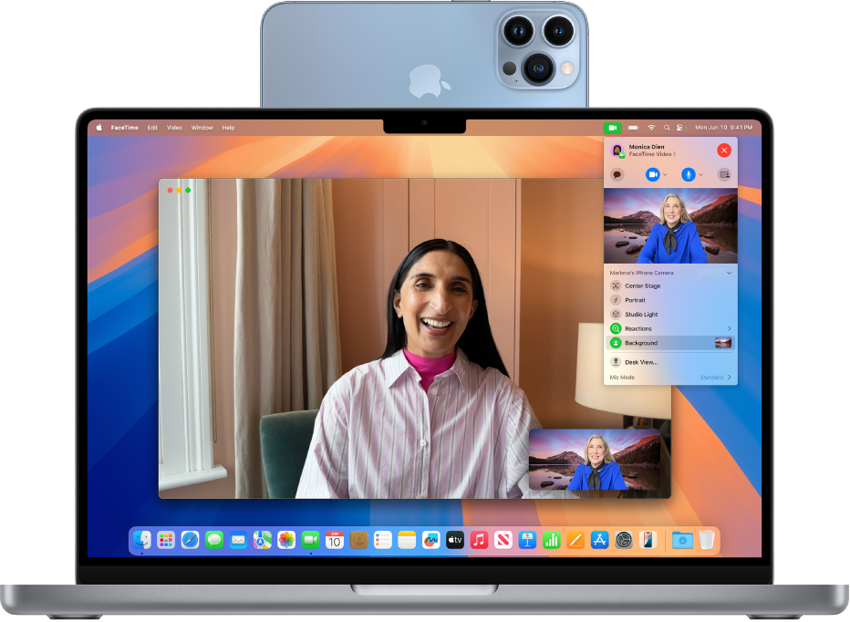 Un MacBook Pro utilisant un iPhone comme webcam et affichant une session FaceTime.