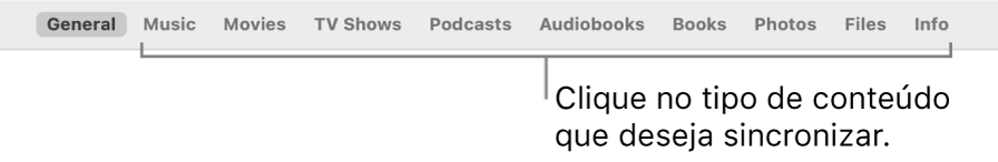 Linha de opções na parte superior da janela mostrando os tipos de conteúdo que você pode sincronizar.