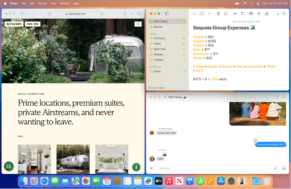 Uma mesa do Mac mostrando três janelas em mosaico, uma janela do Safari na metade da tela, uma janela do app Notas no canto superior direito e uma janela do app Mensagens no canto inferior direito.