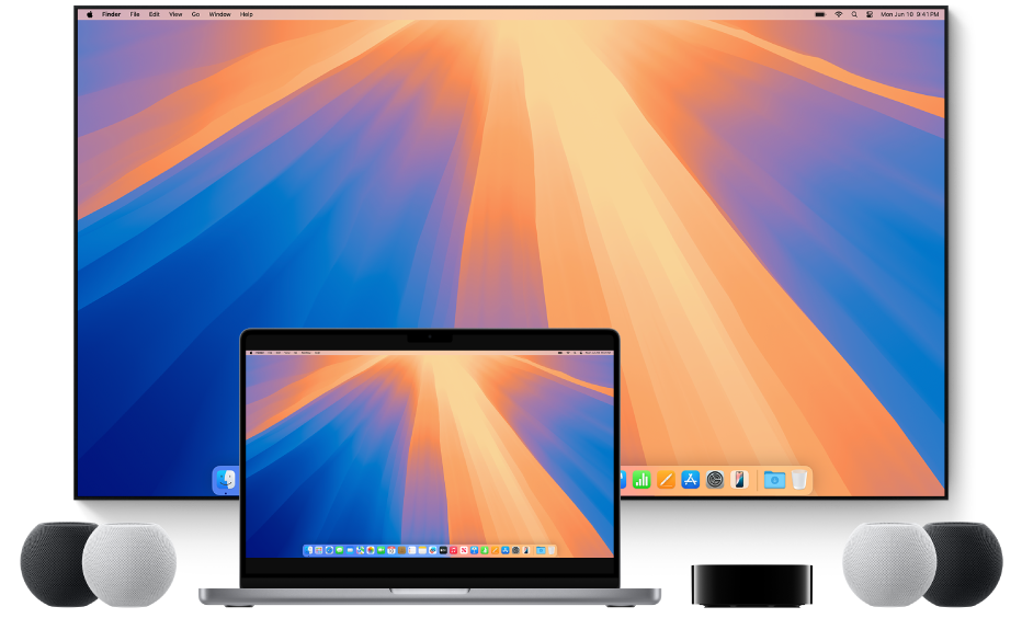 Um computador Mac e dispositivos para os quais ele pode transmitir conteúdo pelo AirPlay, por exemplo, uma Apple TV, alto-falantes HomePod mini e uma Smart TV.