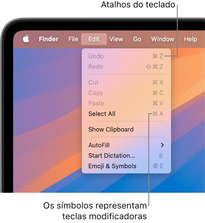 O menu Editar está aberto no Finder; aparecem atalhos de teclado ao lado dos itens do menu.