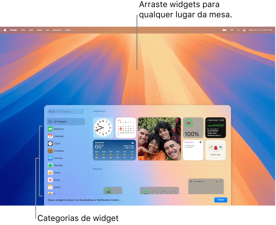 Galeria de widgets, mostrando a lista de categorias de widgets à esquerda e os widgets disponíveis à direita.