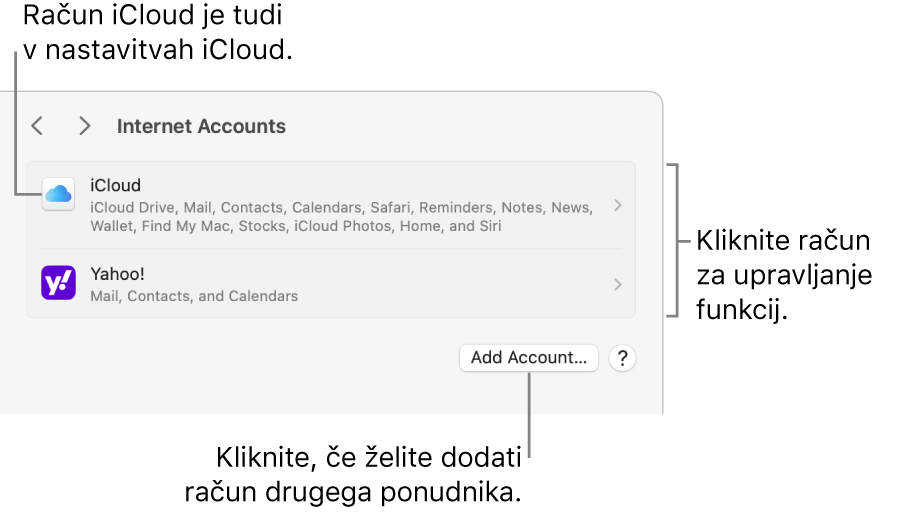 Razdelek nastavitev Internetni računi z navedenimi računi, nastavljenimi v Macu.