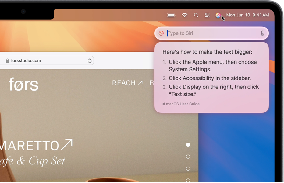 V desnem zgornjem delu namizja v Macu je prikazana ikona Siri v menijski vrstici in polje Vnos besedila za Siri s Sirijinimi koraki za povečanje besedila.