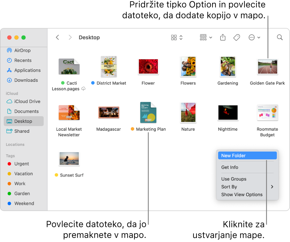 Okno aplikacije Finder, ki vsebuje datoteke in mape. V priročnem meniju je označena možnost Nova mapa.