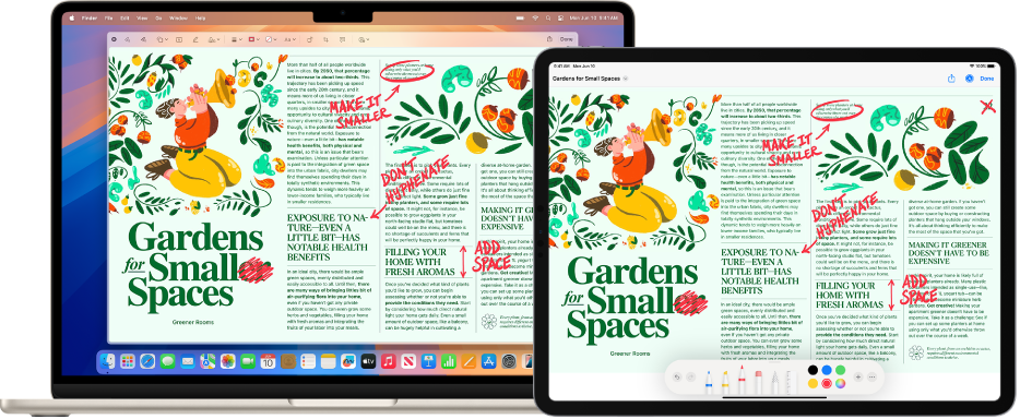 MacBook Air ob iPadu. Oba zaslona prikazujeta članek, poln načečkanih rdečih popravkov, kot so prečrtane povedi, puščice in dodane besede. iPad ima na dnu zaslona tudi krmilne funkcije za označevanje.