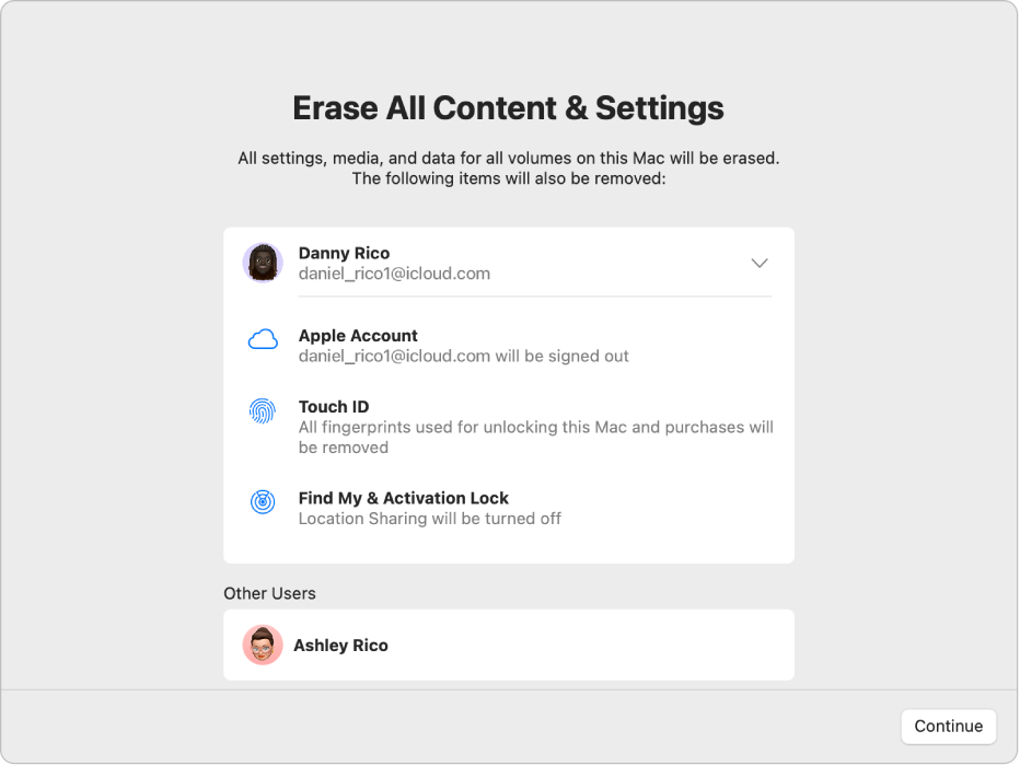 Okno Izbris celotne vsebine in nastavitev Pomočnika za brisanje s prikazom dodatnih elementov, ki so odstranjeni, vključno z vsemi prstnimi odtisi, ki se uporabljajo za odklepanja Maca in opravljanje nakupov.
