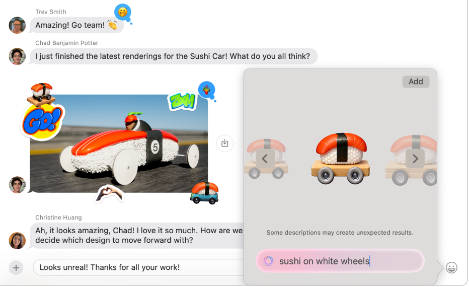 Okno aplikacije Sporočila v Macu, v katerem nastaja genmoji, ki bo uporabljen v pogovoru.