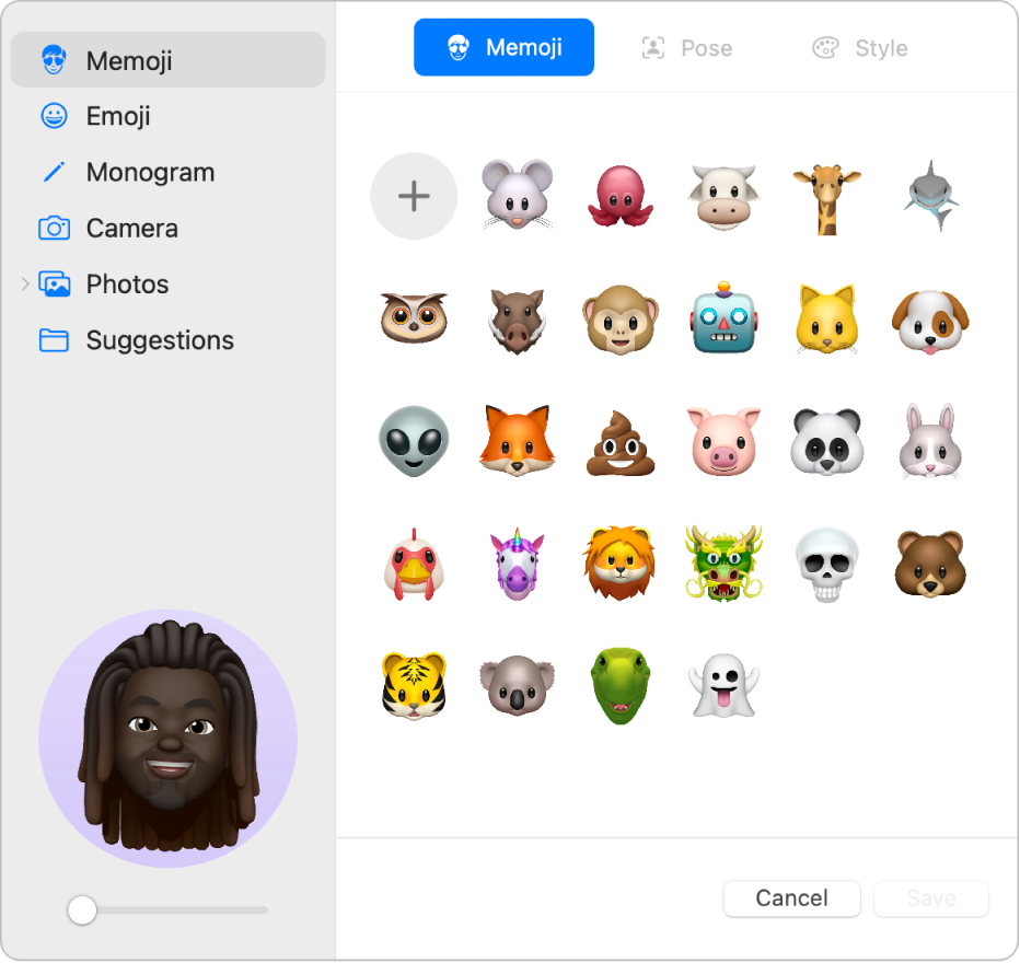 Apple Hesabı resmi seçenekleri. Memoji, Monogram, Fotoğraflar vb. dahil olmak üzere resim seçeneklerinin bir listesi kenar çubuğunda bulunur. Memoji seçilir ve Memoji ızgarası gösterilir.