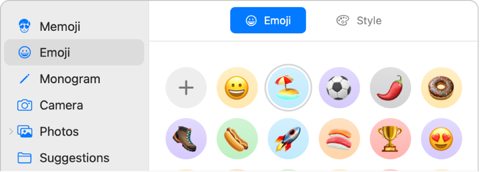 Kenar çubuğunda emoji seçili ve gösterilen çeşitli emojiler ile Apple Hesabı resmi seçenekleri.