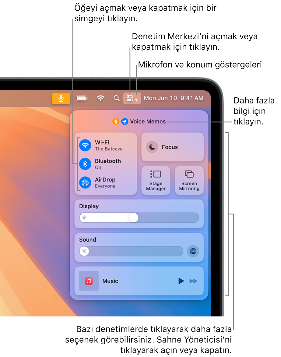Ekranın sağ üst bölümündeki Denetim Merkezi; Wi-Fi, Odak, Ses ve Şu An Çalınan gibi denetimleri gösteriyor.