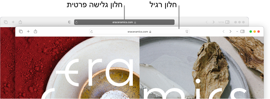 חלון Safari פרטי רגיל עם שדה ״חיפוש חכם״ כהה, וחלון Safari רגיל, עם שדה ״חיפוש חכם״ בהיר.